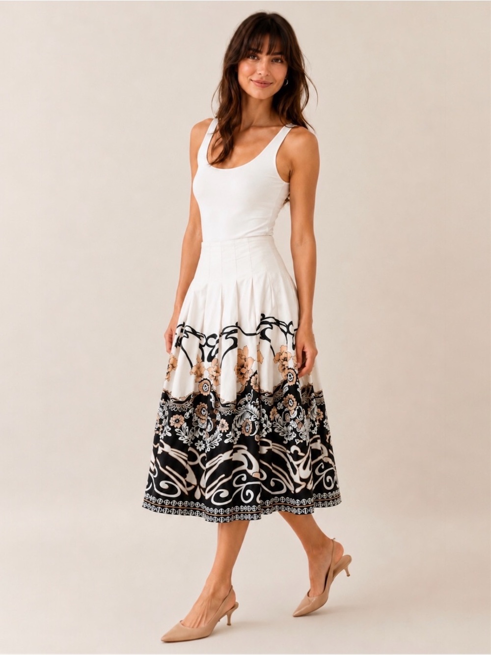 Vintage Cartise White & Black Pleated Floral Midi Skirt 100% Cotton Size 8